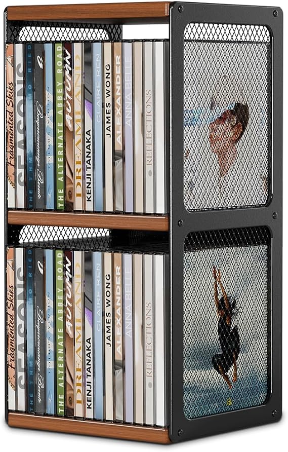 CD Storage Holder,Wood CD Rack Organizer,2 Tier CD Shelf Tower,Hold 32 Cases,CD Display Storage Cube for Cassette,Tape,CDs in Home Office,Music Lovers,Brown