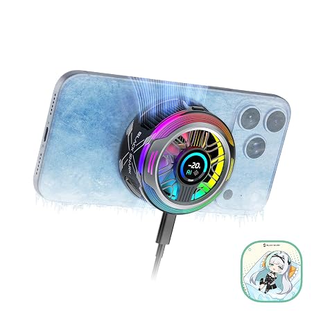 Black Shark Magnetic Phone Cooler 6 Pro Smart Display, Magnetic Ring Plate, Addressable RGB LEDs, App-Controlled Cooling Fan for iPhone MagSafe, Android & iPad Gaming, Streaming & Photography
