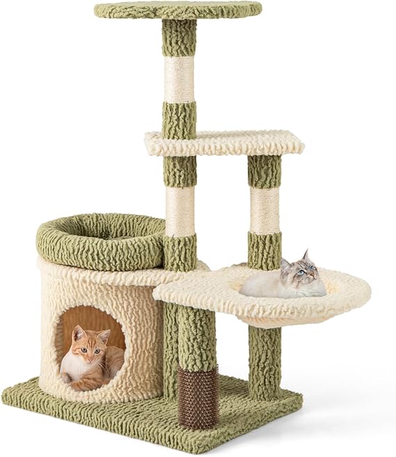 PETSITE 38 Inch Cute Cat Tree, Modern Multi-Level Cat Tree Tower with Sisal Scratching Posts, Self Groomer, Private Condo, Side Basket, and Soft Padded Cushion, Green