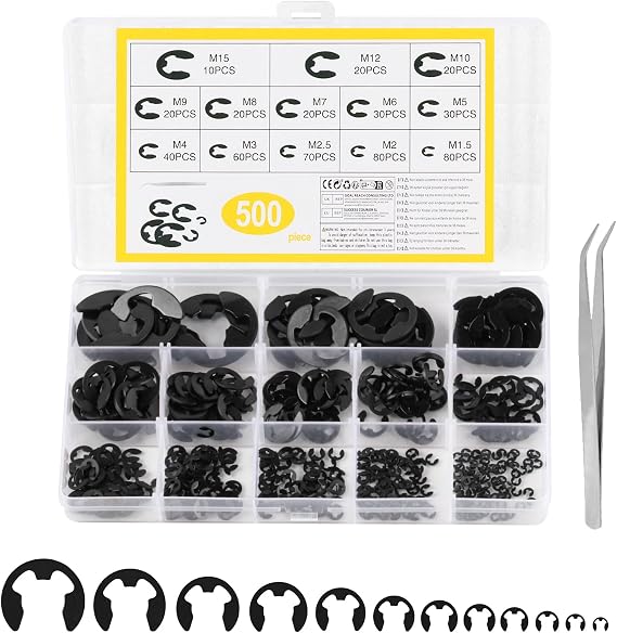 500 Pcs Circlips Assorted Sizes E Clips E-Clips Circlip Retaining Rings | External Retaining Rings Snap Opening Ring Kit Black Carbon Steel Internal Retaining Clips M1.2-M15