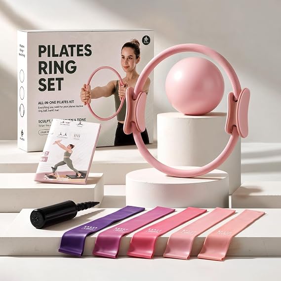 PAETA Pilates Ring Set 14 Magic Circle (38 lbs Resistance), 9.8 Pilates Ball, 5 Resistance Bands, and Exercise Guide Included for Home Workouts