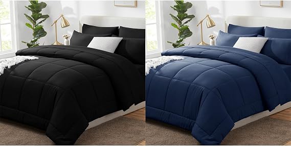 CozyLux King Size Comforter Set - Black and Navy 7 Pieces Bed in a Bag Set, King Bedding Set with All Season Quilted Comforter, Flat Sheet, Fitted Sheet, Pillowcases