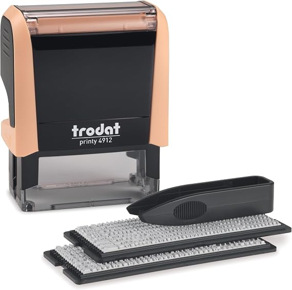 Trodat Printy 4912 Self Inking DIY Stamp Kit Black Ink, 3/4 x 1-7/8 | Do It Yourself Stamp in Pastel Orange; Up to 4 lines for custom message; Tweezers and 2 character sets included; Black Ink