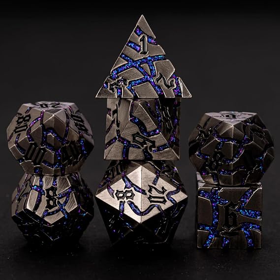 Cracked Rune Metal Dice Set for DND & RPG Dark Fantasy Fractured Design, Premium Heavy Metal Polyhedral Dice with Deep Engraved Numbers, 7-Piece Set Purple Arcane Vein