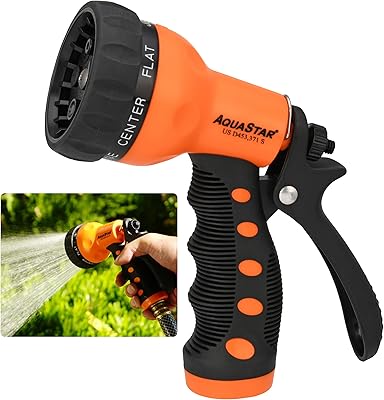 AQUASTAR by Eden AS73371 Rear-Trigger 7-Pattern Hose Nozzle Orange | Impact-Resistant ABS, Ergonomic Grip, Adjustable Spray Patterns for Lawn & Garden, Vibrant Colors