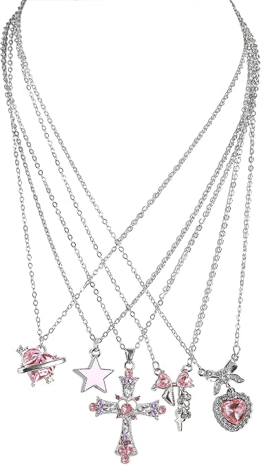 5PCS Gyaru Y2K Necklace Set - Gothic Cross, Pink Indie Jewelry, McBling Aesthetic Accessories for Women, Scene, and 2000s Style
