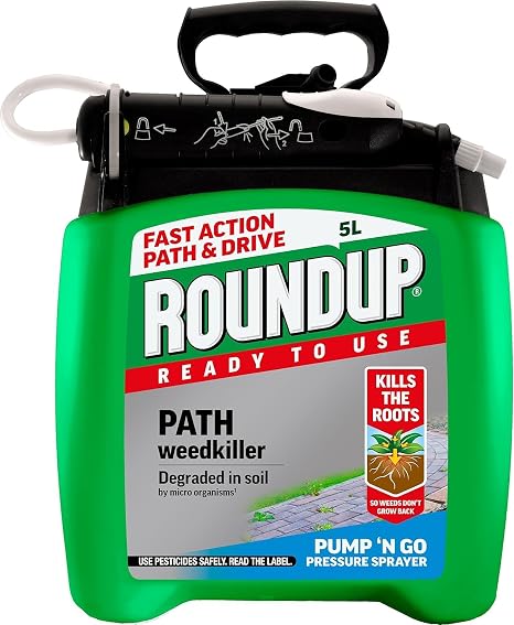 Roundup Ready to Use Path Weedkiller Pump ‘n Go 5L | Continuous Pressure Spray Systemic Root Killer | Fast Action for Patios Drives & Gravel | Treats up to 150m² | 5 Litre Large Value Pack