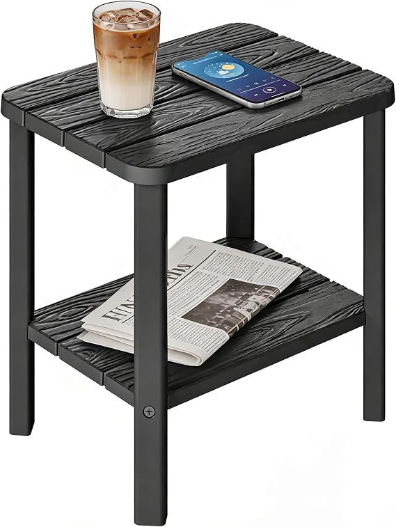 KAMABOKO Adirondack Outdoor Side Table, 2-Tier HDPE End Table 16" Weatherproof Square Storage Tables for Porch Patio Pool Backyard Lawn and Indoor, Black with Wood-Like Grain