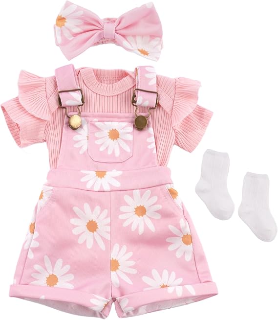 BABESIDE 4 Pcs Reborn Baby Doll Clothes Set for 17-22 Inch Baby Dolls | Cute Pink Flower Baby Doll Overalls Lifelike Reborn Baby Doll Accessories with Headband and Socks for Realistic Dolls Girl