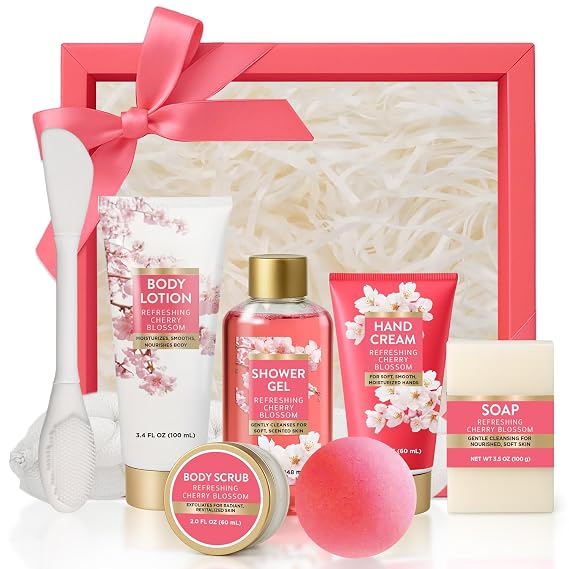 Gifts for Women 8pcs Cherry Blossom Spa Set, Bath and Body Self Care Gift | Bath Set with Face Mask Brush, Loofah, Gifts for Her