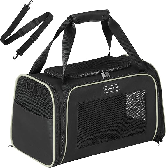 PETSFIT Cat Carrier for Kitten, Pet Carrier Airline Approved with Extendable Mat, Cat Travel Carrier Under 12 Lbs, Black
