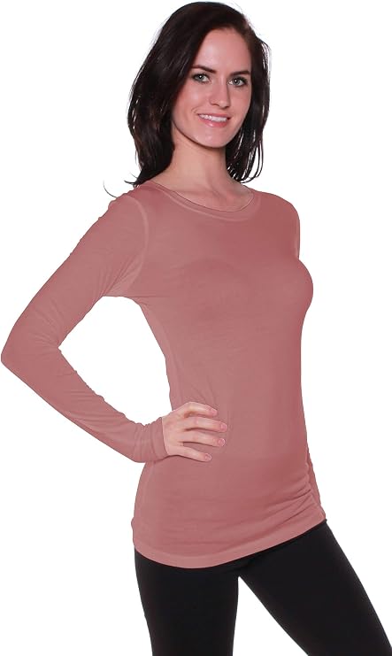 Active Basic Athletic Fitted Plain Long Sleeves Round Crew Neck T Shirt Top Dusty Pink