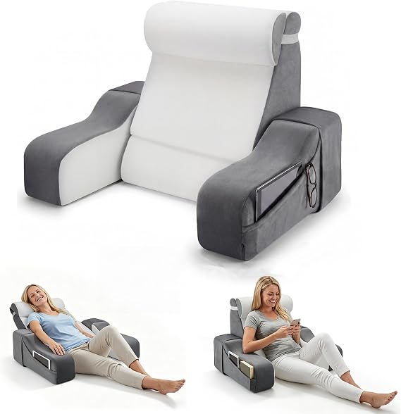 Reading Pillow for Adults, Back Pillow for Bed and Sofa, Backrest Cushion for Bed Sitting Up with Removable Neck Roll & Detachable Armrest, Wedge Cushion for Reading, Working, Watching TV