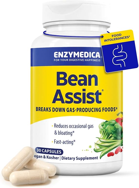 Enzymedica BeanAssist, Helps Reduce Gas & Bloating, Vegan - 30 Capsules | Digestive Enzyme Supplement for Women & Men, Alpha Galactosidase Enzyme for Digestion & Gut Health Support, Fast-Acting