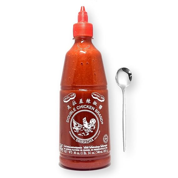 Double Chicken Brand Sriracha Hot Chili Sauce All Natural 30 Oz. (1 lb 14 oz) with Bonus Stainless Steel Sauce Spoon (2-Pc Set)