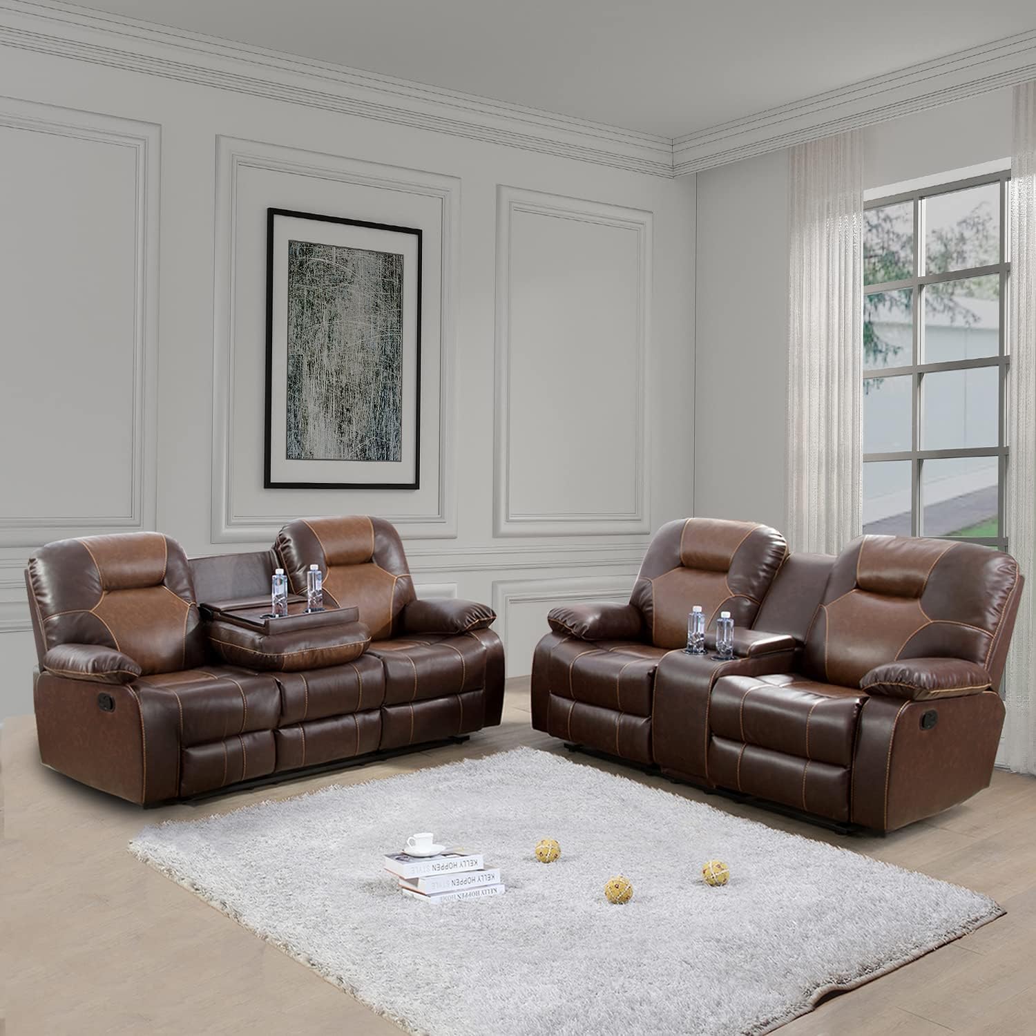 Manual Recliner Sofa and Loveseat, Bonded Leather Couch Set with Recliners, Reclining Sofa with Storage Console for Living RoomHouseBedroomOfficeApartment Brown  2 Pieces Set