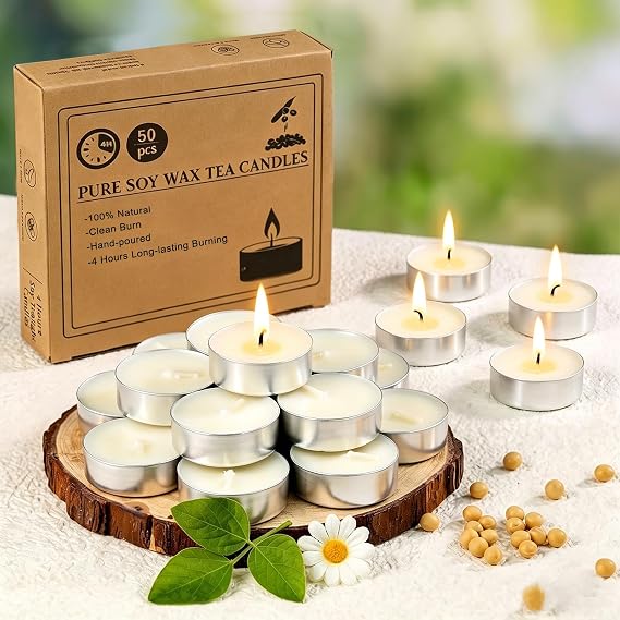 4 Hour Tea Lights Candles,50 Pack Soy Wax Tealights,Unscented White Tea Candles in Aluminum Cups,Paraffin-Free for Weddings,Home Decor,Emergency & Food Warming(3.9x1.3cm)