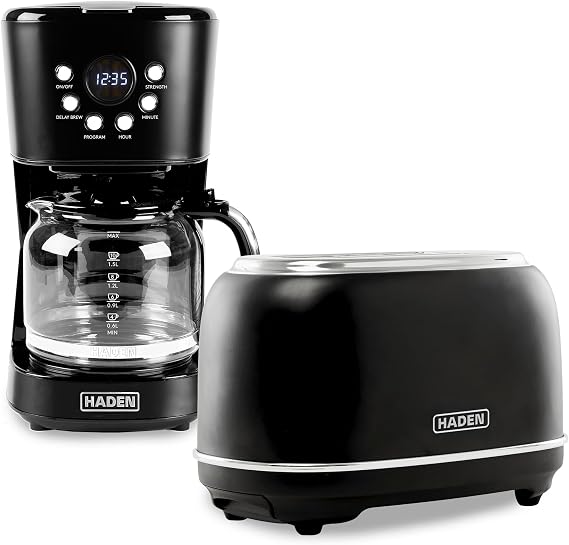 Haden 12 Cup Programmable Drip Coffee Maker Coffee Machine Bundled with Heritage 2 Slice Wide Slot Stainless Steel Toaster, Turquoise & Chrome