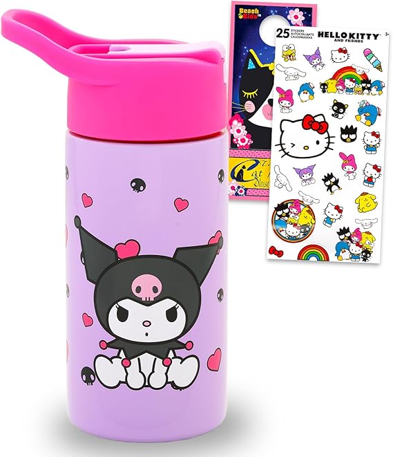 SANRIO Kuromi Stainless Steel Water 14 Oz Bottle for Kids Adults Bundle | Hello Kitty 6" Durable Metal Tumbler Spill-Proof Cup with Straw for School for Girls, Stickers, More | Kuromi Water Bottle