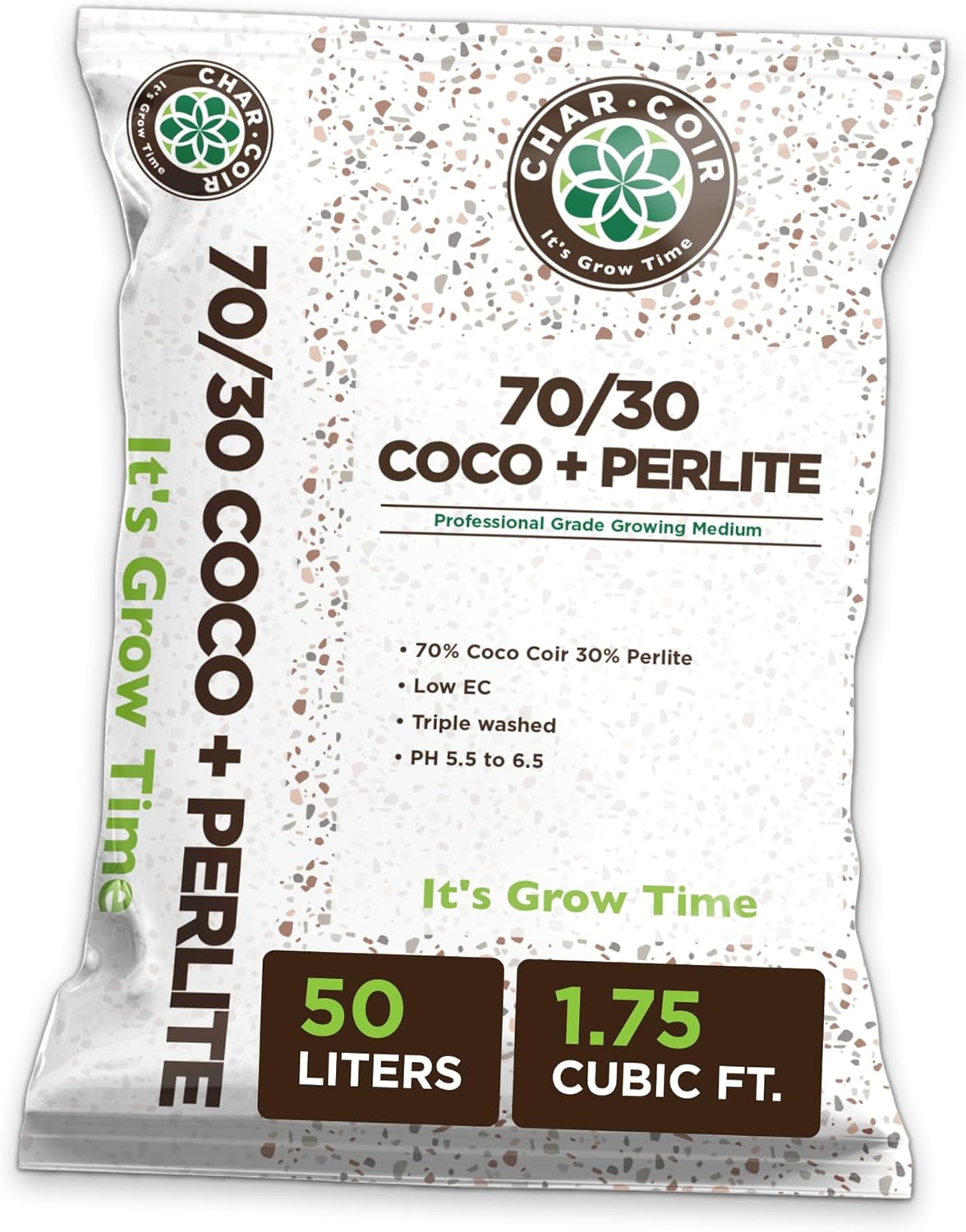 Char Coir 7030 Coco  Perlite, Loose Fill Blend, 100% RHP Certified Coco Coir, Buffered, pH Stable, Low EC, Triple Washed, Hydroponics, Flowers, Vegetables and More, 50 Liters, 1.75 Cu Ft