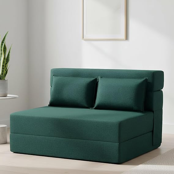 FILUXE Convertible Folding Couch Bed Sleeper Chair with Pillow Modern Linen Fabric Floor Futon Sofa Folding Mattress for Living Room Dorm Guest Home Office Apartment Standard Size, Dark Green