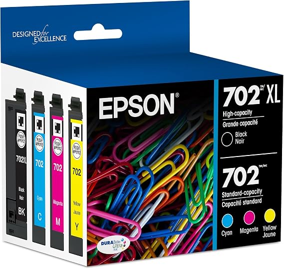 Epson 702 Genuine Ink Cartridge XL Black and Standard Color Combo Pack | XL Black and Standard Capacity Color Cartridges for WorkForce Pro WF-3720 WF-3730 WF-3733 Inkjet Printers