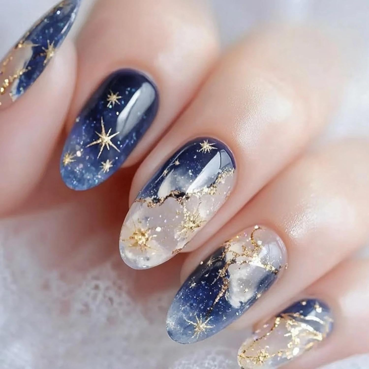 24PCS Star Sky False Nails, Blue Color Glossy Full Stick On Cover Acrylic Nail, Short Square Dark Blue Glitter Press on Nails, Removable Glue On Fake-Nail for Women & Girls (Nail Art Accessories)