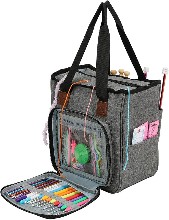 Coopay Craft Bag for Crochet Knitting Cross Stitch, Knitting Bags and Knitting Organizers, Crochet Project Bags for Wool and Needles Storage, Travel Sewing Bag Yarn Holder Accessories, Grey