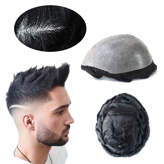 Natural Mens Hair Replacement System Real Gents Double Human Hairpieces Medium Skin V Looped Mens Toupee Unit Black Hair #1C