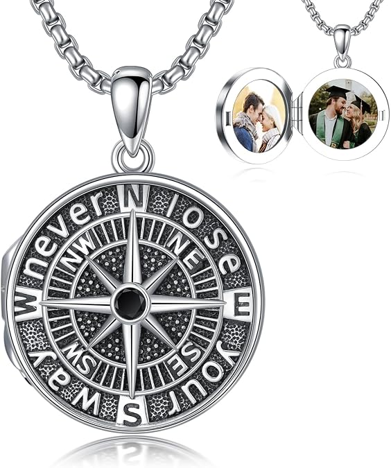 PELOVNY Compass Necklace for Women Men 925 Sterling Silver Inspirational Compass Locket/Urn Pendant Travel Necklace Birthday Christmas Graduation Jewelry Gifts