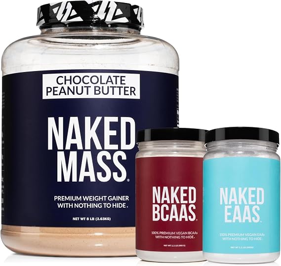 NAKED Chocolate Peanut Butter Mass Protein 8LB - EAAs (50 Servings) - BCAAs (100 Servings) Bulk; Vegan; Non-GMO; Gluten Free; Soy Free