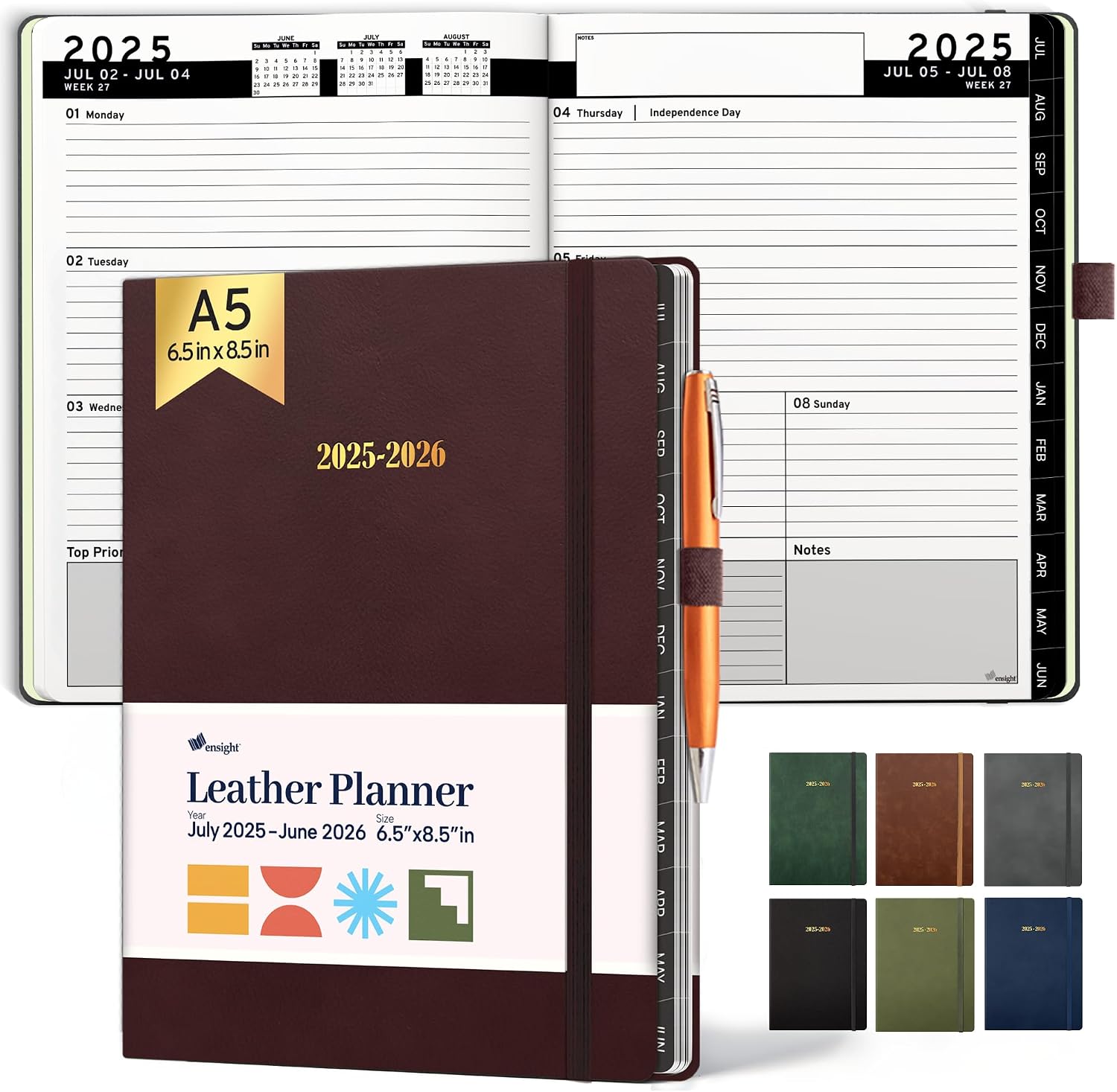 Ensight 2025-2026 HARDCOVER Leather Planner Weekly & Monthly - 6.5x8.5 Inches - Academic Planner Business Personal or Student - Pen Holder, Thick Paper, July 2025 - June 2026 Red