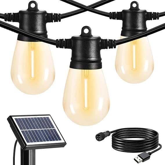 SUNTHIN Outdoor Solar String Lights, 48ft Solar Patio Lights with USB Rechargeable, Waterproof & Shatterproof Solar Powered Bulbs for Yard, Porch, Garden, Pool, Party, Camping | Waterproof & Shatterproof Solar Powered Bulbs for Outdoor Yard, Porch, Garden, Pool, Party & Camping