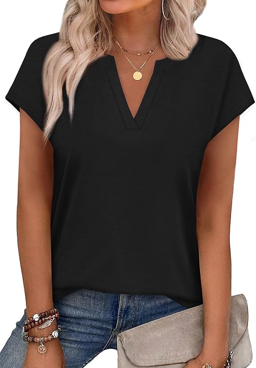 WIHOLL Womens Summer Tops V Neck T Shirts Cap Sleeve Business Casual Outfits Loose Fit Beach Vacation Clothes Basic Tees