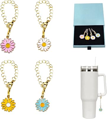 4 PCS Stanley Cup Accessories Daisy Flower Pendant Accessories Water Cup Handle Accessories, Personalized Flowers Flag Charms Pendants for Stanley Tumblers