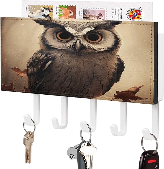 Cute Owl Key Holder Wall Mount Easy Installation Key Racks with Tray Farmhouse Wall Shelf with 5 Hooks Self Adhesive Key Hanger and Mail Holder for Entryway Home Decor