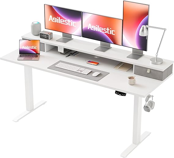 Agilestic Electric Adjustable Height Desk, with 2 Fabric Drawers, 160x60cm | 72-116cm Height, Stable Sit-Stand Standing Desk w. 2 Memory Buttons, Computer Desk for Home Office, 2 pcs Desktops, White