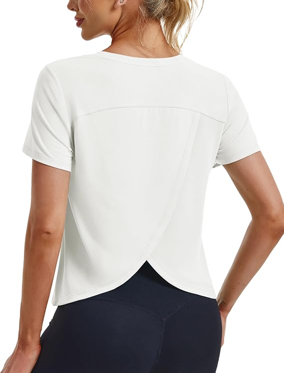 MAGCOMSEN Women's Cropped Workout Tops Short Sleeve Split Back Quick Dry Athletic Shirts Breathable for Running Yoga