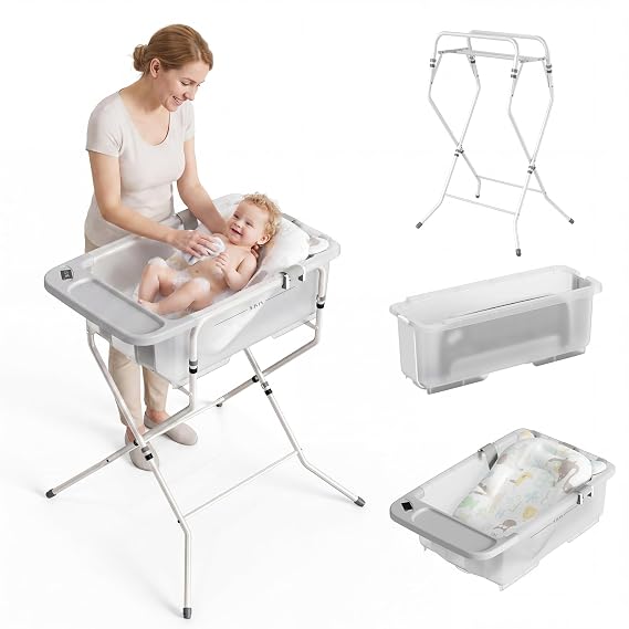 Collapsible Baby Bathtub with Stand - Clear Big Baby Bath Tub with Thermometer | Parents Spine Save Infant Baby Tub Foldable Newborn Toddler Bathtub for Baby Girl Boy 0 to 36 Months, Grey