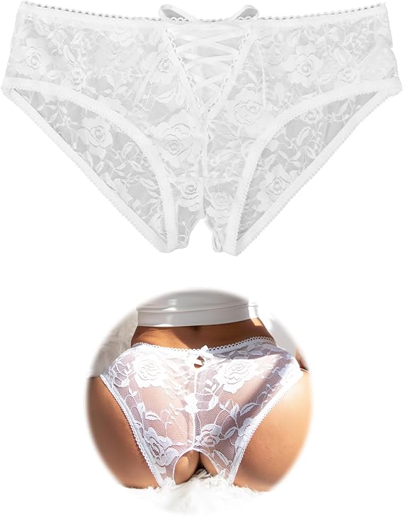 ohmydear Womens Lace Boyshorts Crotchless Sexy Panties Plus Size Underwear | Crisscross Strappy Hipster Briefs Sexy Lingerie Stretch Elastic Waistband Open Back Cutout Flattering Fit