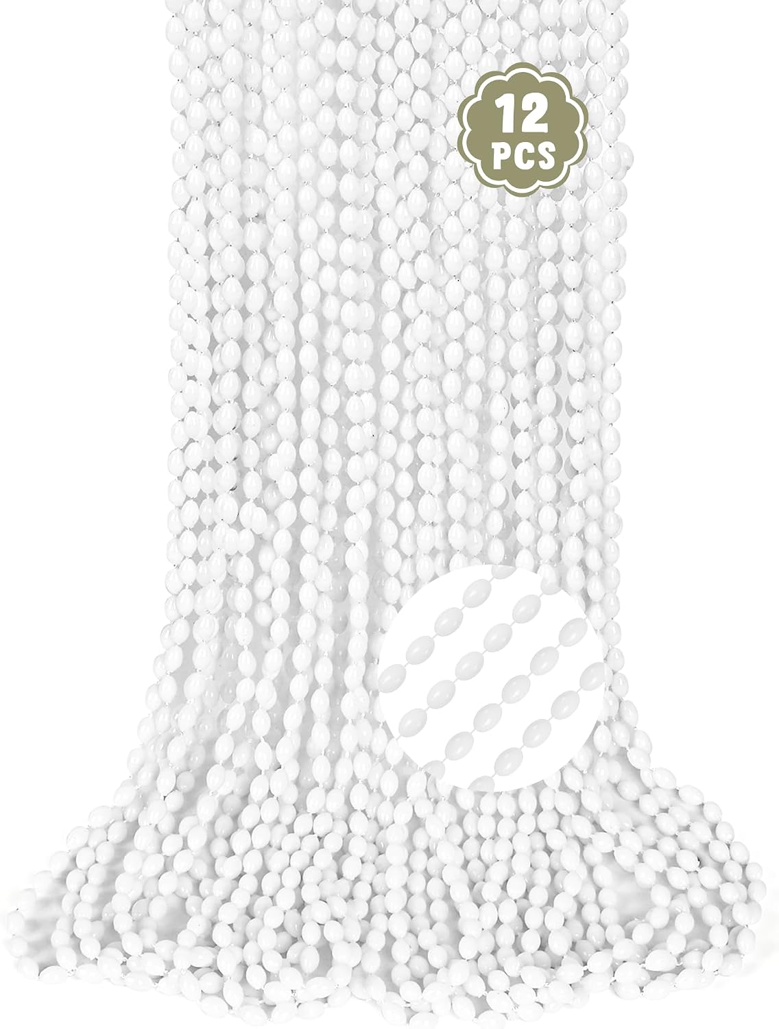 White Beaded Necklace, 12PCS Oval Mardi Gras Beads Necklaces Party Favors Bulk, 32" Bead Necklace, Festival Parade Throw Accessories for Mardi Gras Wedding Birthday Celebrations Decorations Supplies