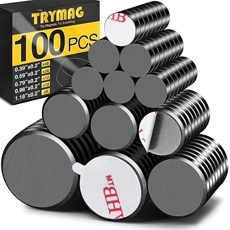 TRYMAG 5 Different Sizes, 100Pcs Ceramic Magnets with Adhesive Backing for Crafts, Small Round Flat Ferrite Circle Magnets for Refrigerator, Kitchen, Classroom, Photos