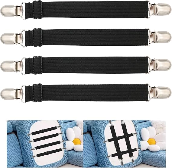 Sofa Cover Holder Straps with Suspenders & Fasteners - Magic Sofa Couch Covers Clip Fasteners, Adjustable Elastic Straps (6-30in/15-75cm) for Sofa Slipcover, Seat Cushion Holders (4, Black)