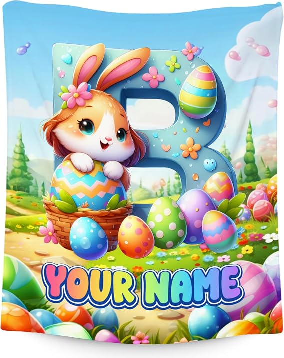 Easter Blanket for Kids - Personalized Soft Flannel Bunny Throw with Easter Egg, Colorful Holiday Throws Custom Name Gifts for Her & Children