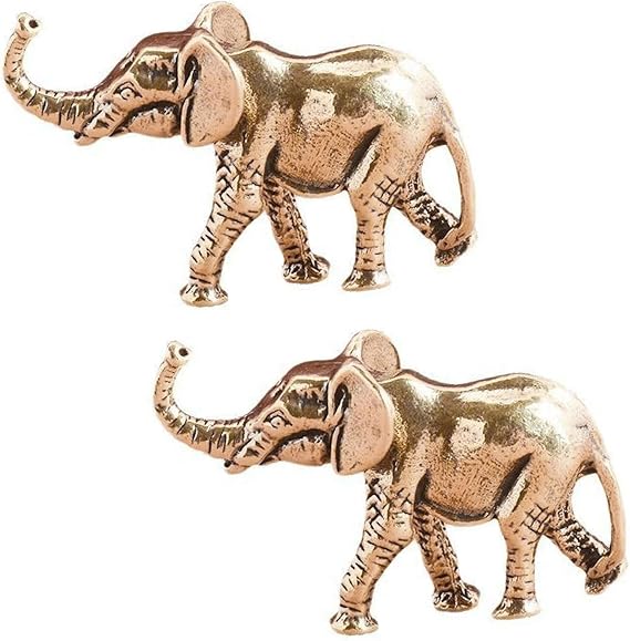 2 Pack Mini Brass Elephant Figurines, Vintage Gold Solid Brass Lucky Elephant Statues, Small Good Luck Charm Animal Ornaments for Home Office Desk Shelf Decor, Collectible Craft Gifts for Housewarming