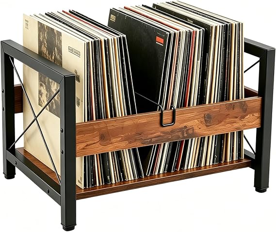 Vinyl Record Storage Crate, LP Vinyl Record Holder, Classic Cube Albums Shelf with Divider, Holds up to 100+ Records, Wooden Storage Stand Desktop Organizer Box for DVDs, CDs, Magazine, Files