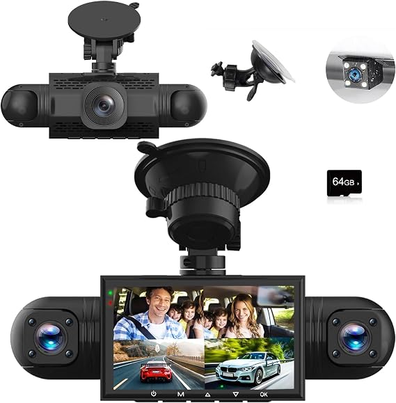 360 Degree View 4 Channel Dash Cam Front and Rear Inside Left Right | 1080P Full HD, 170 Deg Wide Angle, 64GB Card, G-Sensor, Loop Recording, Night Vision