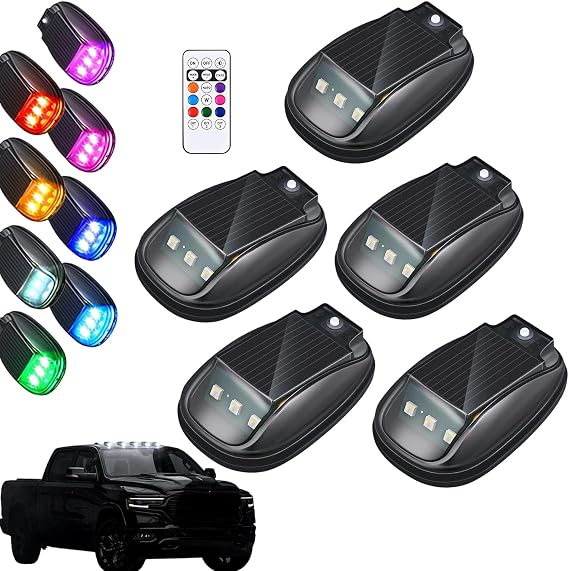Solar Car Roof RGB Strobe Light with Remote Control, 8 Colors High Brightness Car Lights Interior Waterproof Anti-Collision, USB Charing Mini Wireless LED Lights for Truck Use (5PCS)