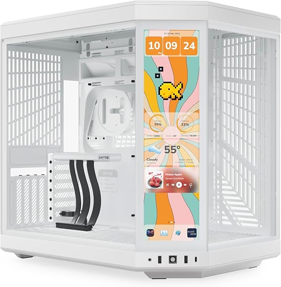 HYTE Y70 Touch Infinite Modern Aesthetic Gaming PC Case - Integrated 2.5K LCD Touchscreen Screen Display - Dual Chamber ATX Desktop Chassis - 10 Fan Capacity - Luxury PCIe 4.0 Riser Cable - Snow White
