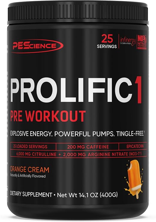 PEScience Prolific-1 Pre-Workout Powder, Orange Cream, 25 Scoops | L-Citrulline, Nitric Oxide Booster, Energy Powder & Nootropic for Focus, Without Beta Alanine, 200mg Caffeine